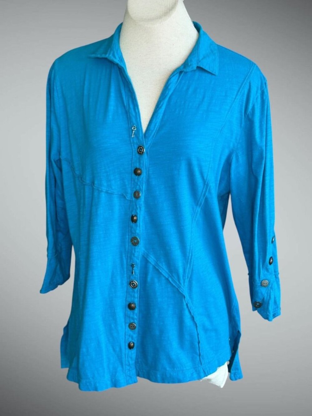 Neon Buddha Blue Boho Tunic Shirt 100% Cotton Button Accents Size Large